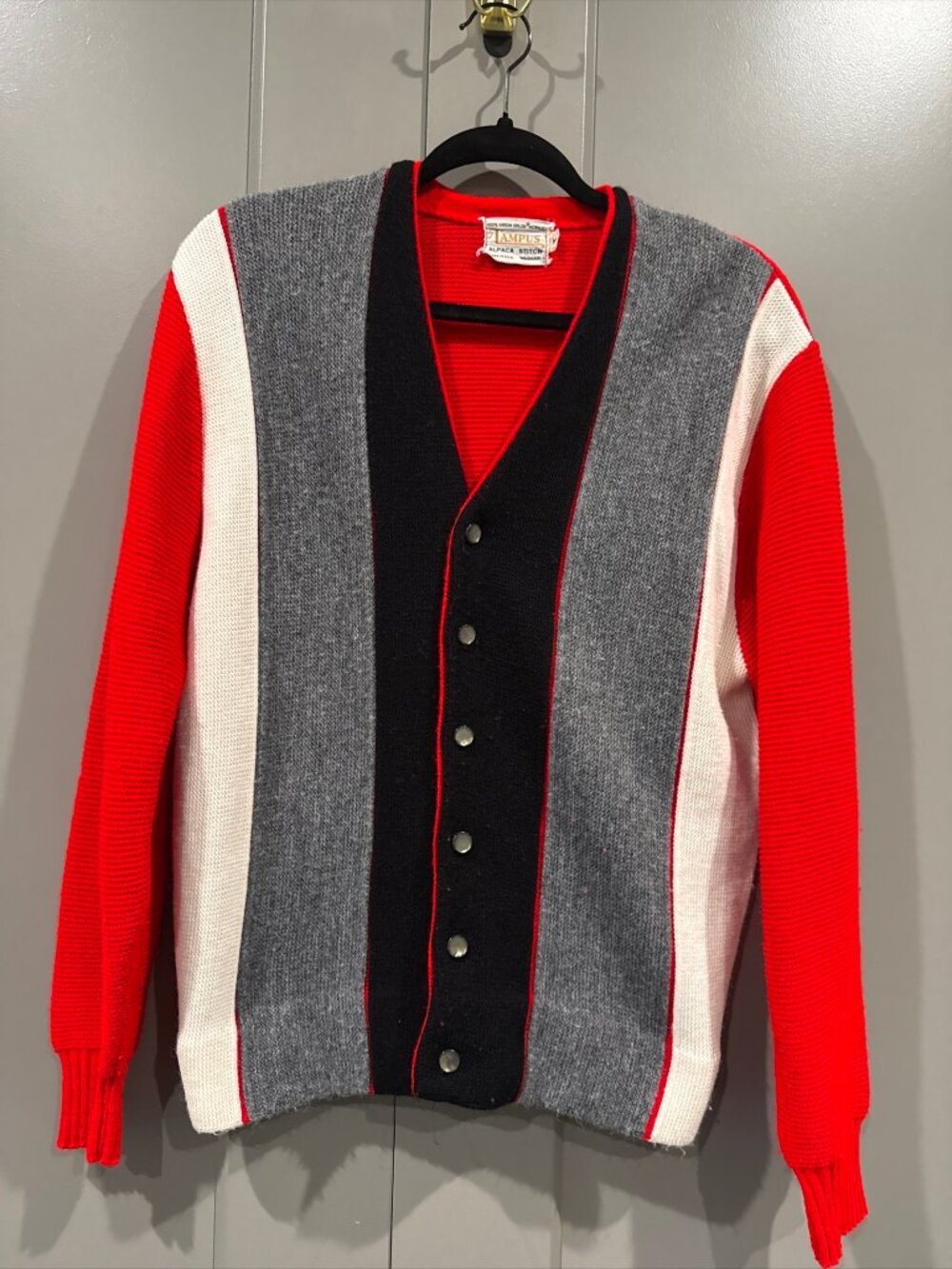 Vintage Campus Striped Red, Black, Gray, White Medium Sweater Alpaca Stitch
